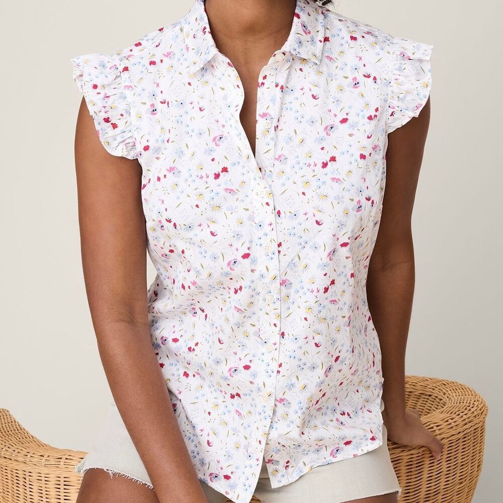 UNTUCKit Floral Cotton Stretch Anne Shirt Flutter Sleeves 12 Sleeveless Button